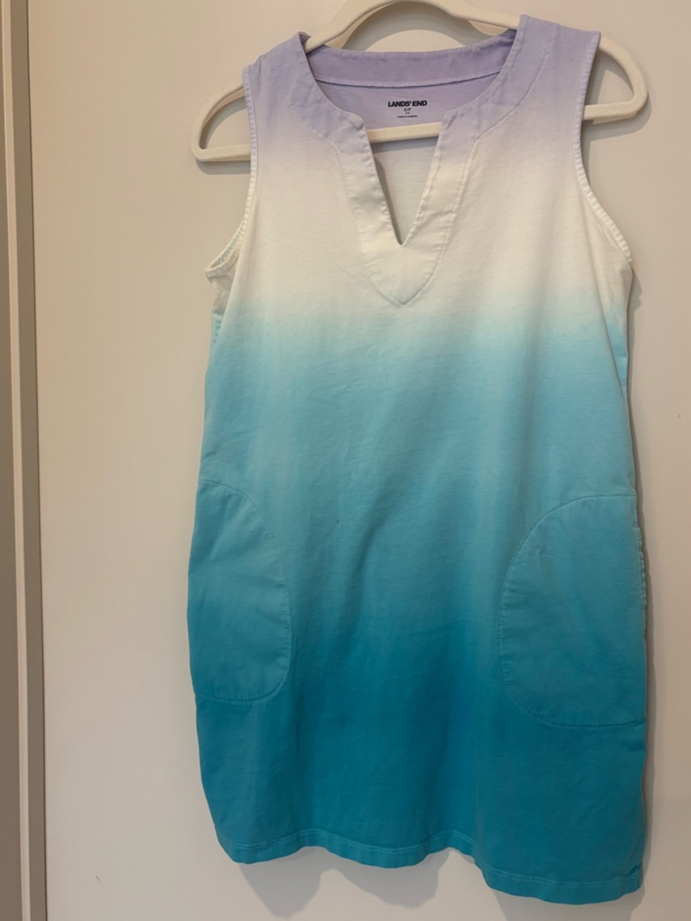 Lands' End Ombre Cotton Sleeveless Shift Dress in Aqua White Summer Comfy Small